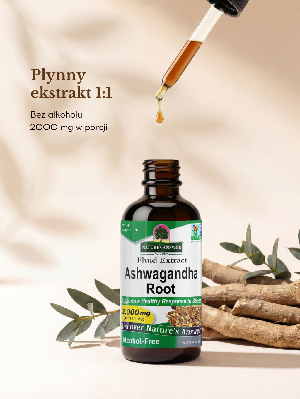 Ashwagandha Płyn Ekstrakt bez alkoholu 2000mg w porcji