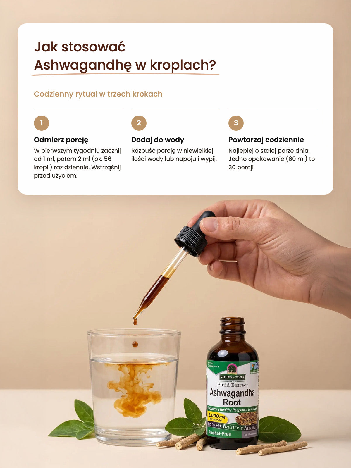 Jak stosować Ashwagandhę w kroplach: porcja 2 ml (ok. 56 kropli) raz dziennie rozpuszczona w wodzie, zakraplacz nad szklanką obok butelki Nature's Answer 60 ml
