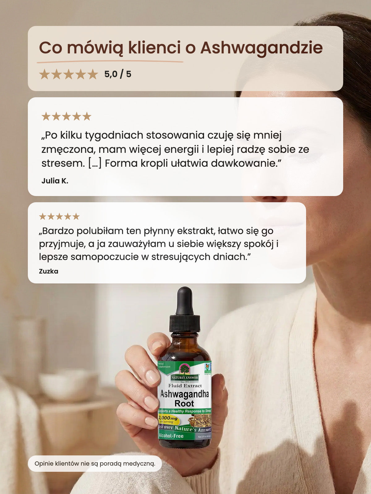 Co mówią klienci o Ashwagandzie w kroplach: opinie kupujących w sklepie Adaptogeny.pl, kobieta trzyma butelkę ekstraktu Nature's Answer 60 ml