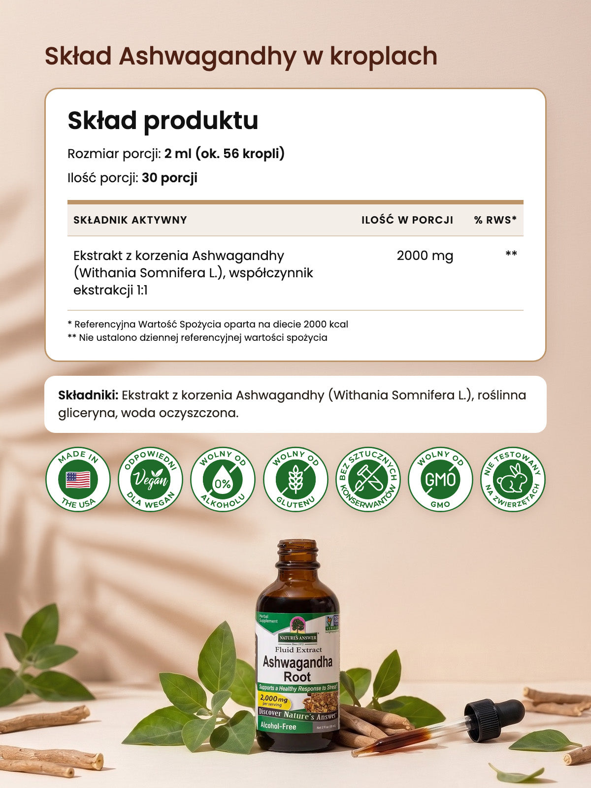 Skład Ashwagandhy w kroplach: ekstrakt z korzenia Withania Somnifera 2000 mg w porcji 2 ml, 30 porcji w butelce 60 ml, tabela składu z etykiety Nature's Answer