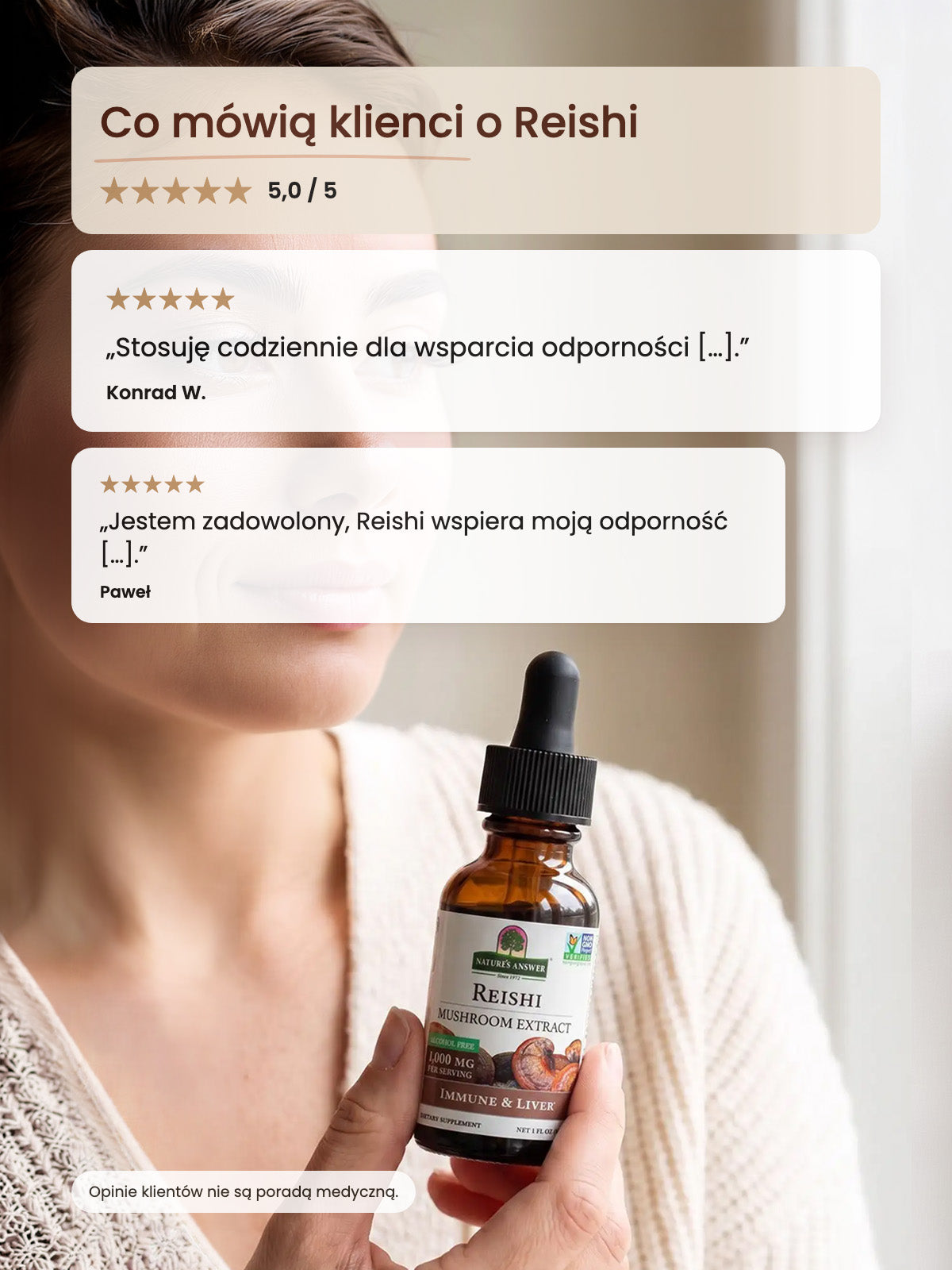 Co mówią klienci o Reishi w kroplach: opinie kupujących w sklepie Adaptogeny.pl, butelka ekstraktu z owocników Reishi Nature's Answer 30 ml
