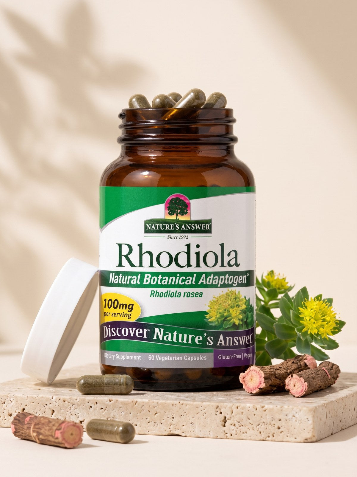 [kapsułki] Różeniec górski w kapsułkach: otwarty słoik i korzeń Rhodiola rosea